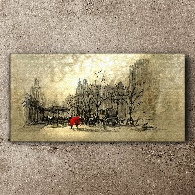 Red coat in the cityscape Print on canvas