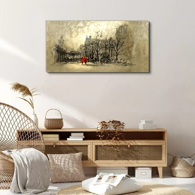 Red coat in the cityscape Print on canvas
