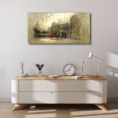 Red coat in the cityscape Print on canvas