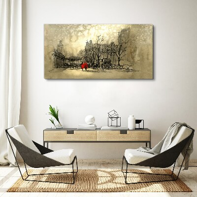 Red coat in the cityscape Print on canvas