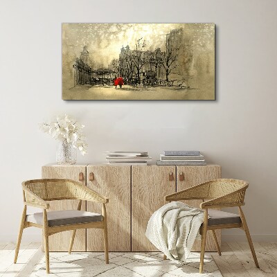 Red coat in the cityscape Print on canvas