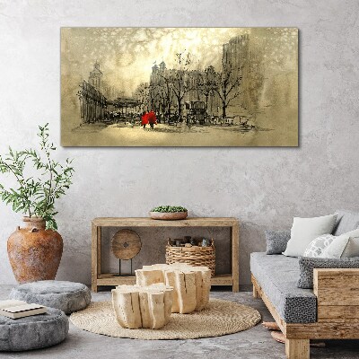 Red coat in the cityscape Print on canvas