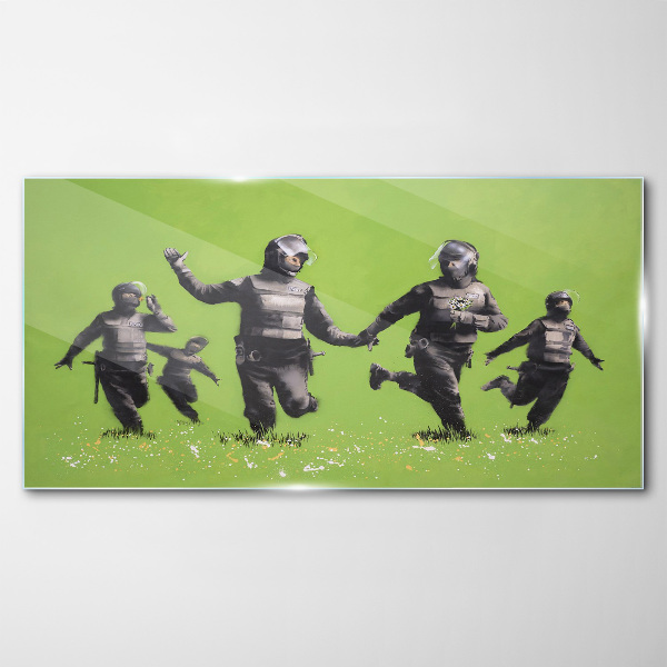 Riot Police at Banksy Field Wall art on glass