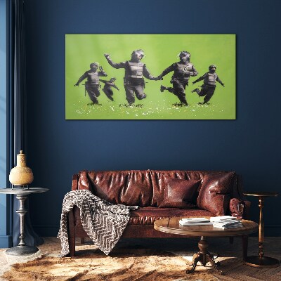 Riot Police at Banksy Field Wall art on glass
