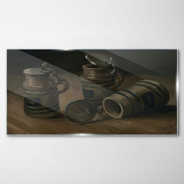 Antique mugs on the table Wall art on glass