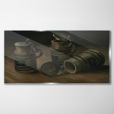 Antique mugs on the table Wall art on glass