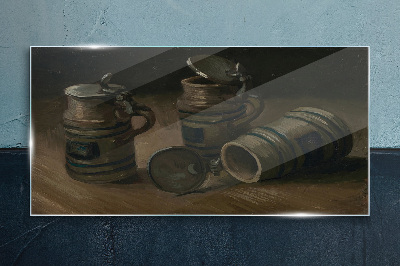 Antique mugs on the table Wall art on glass