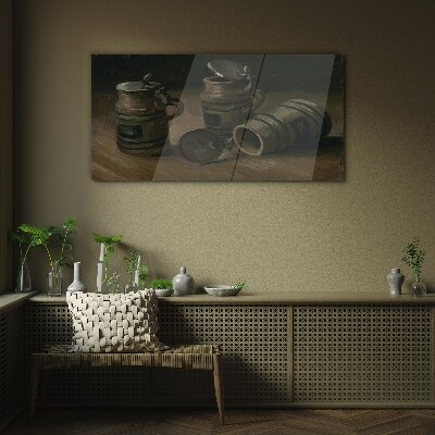 Antique mugs on the table Wall art on glass