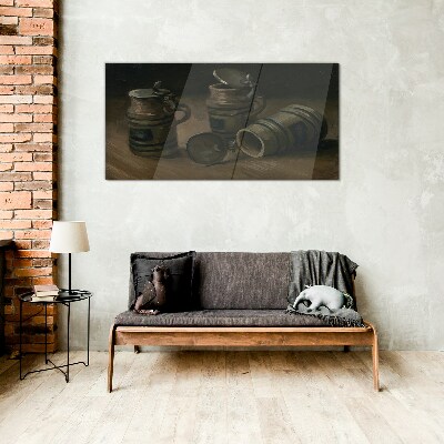 Antique mugs on the table Wall art on glass