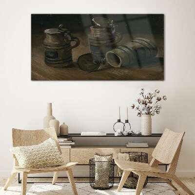 Antique mugs on the table Wall art on glass