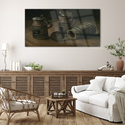 Antique mugs on the table Wall art on glass