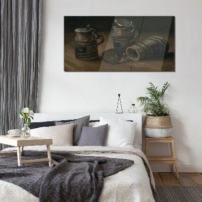 Antique mugs on the table Wall art on glass
