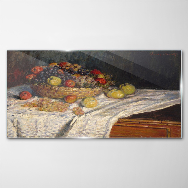 Fruit basket on a white tablecloth Glass art print
