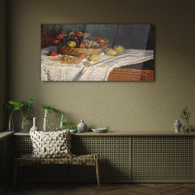 Fruit basket on a white tablecloth Glass art print
