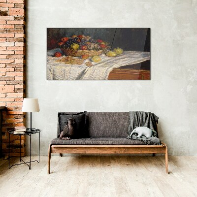 Fruit basket on a white tablecloth Glass art print