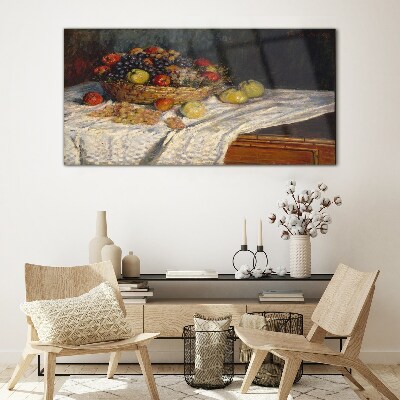 Fruit basket on a white tablecloth Glass art print