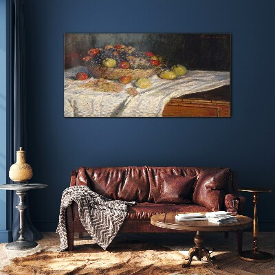 Fruit basket on a white tablecloth Glass art print