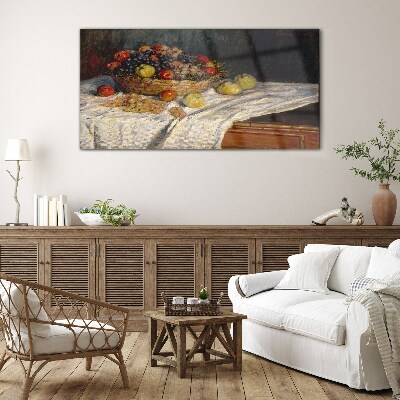 Fruit basket on a white tablecloth Glass art print