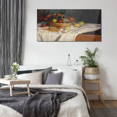 Fruit basket on a white tablecloth Glass art print