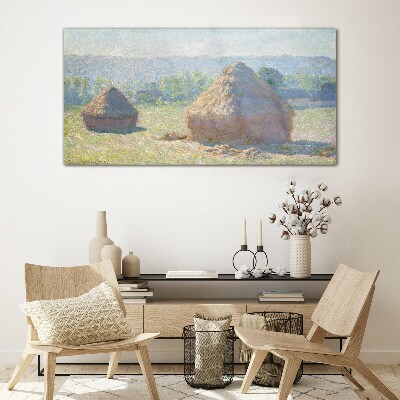 Summer sun over haystacks Wall art on glass