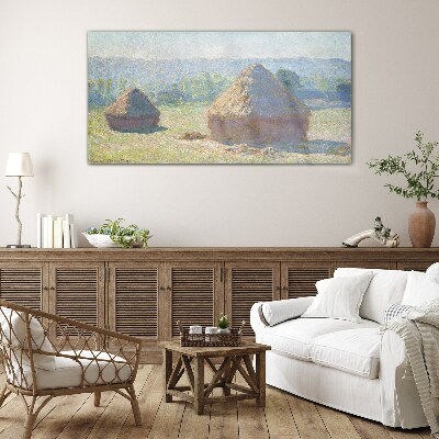 Summer sun over haystacks Wall art on glass