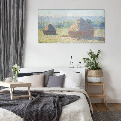 Summer sun over haystacks Wall art on glass