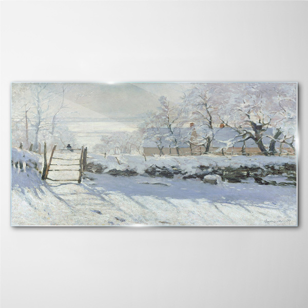 Winter landscape with a gate Glass art print