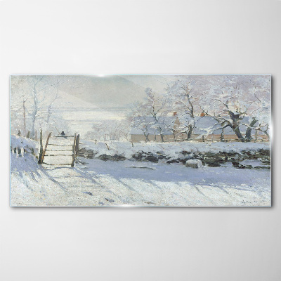 Winter landscape with a gate Glass art print