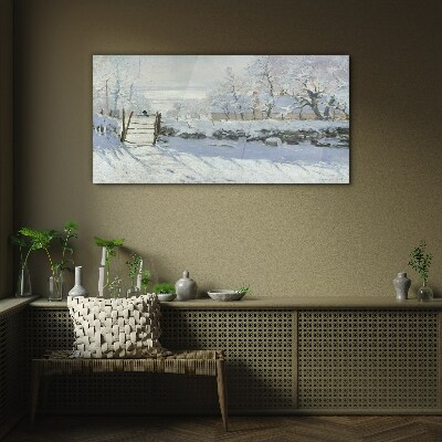 Winter landscape with a gate Glass art print