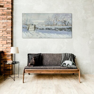Winter landscape with a gate Glass art print