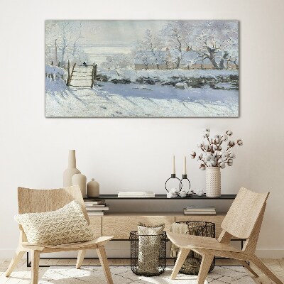 Winter landscape with a gate Glass art print