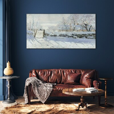 Winter landscape with a gate Glass art print