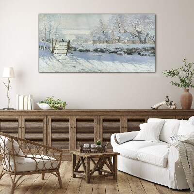 Winter landscape with a gate Glass art print