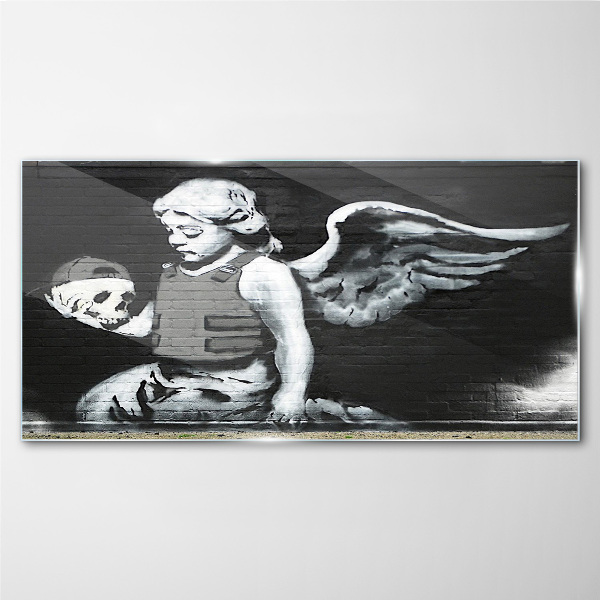 Angel with a skull in the background of graffiti Glass art print