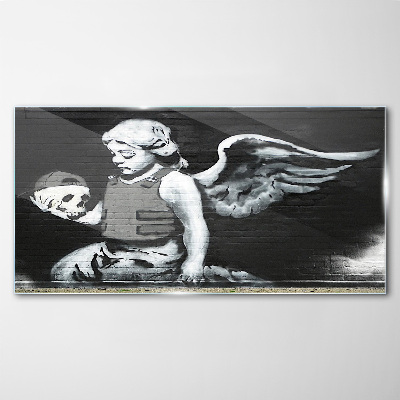 Angel with a skull in the background of graffiti Glass art print
