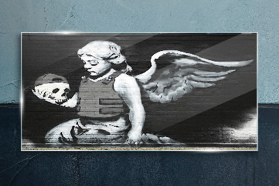Angel with a skull in the background of graffiti Glass art print
