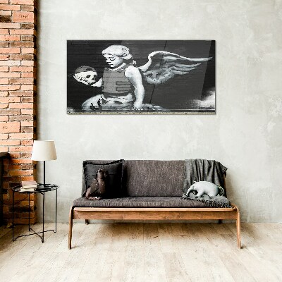Angel with a skull in the background of graffiti Glass art print