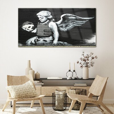 Angel with a skull in the background of graffiti Glass art print