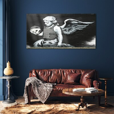 Angel with a skull in the background of graffiti Glass art print