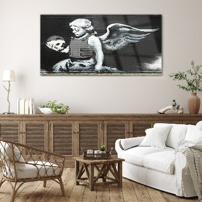 Angel with a skull in the background of graffiti Glass art print