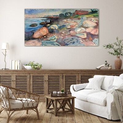Seaside landscape with stones Wall art on glass