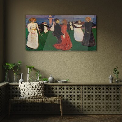 Dancing figures on a green background Wall art on glass