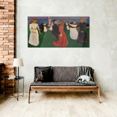 Dancing figures on a green background Wall art on glass