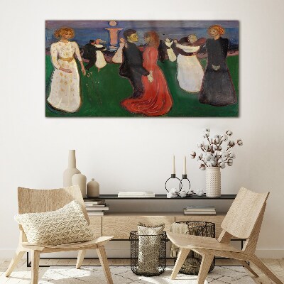 Dancing figures on a green background Wall art on glass