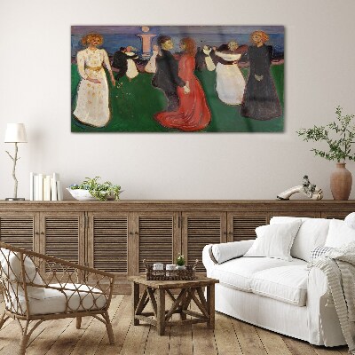 Dancing figures on a green background Wall art on glass