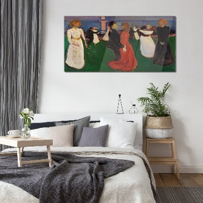 Dancing figures on a green background Wall art on glass