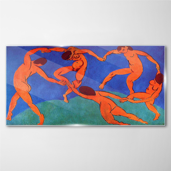 Dancing figures on a blue background Wall art on glass