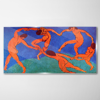 Dancing figures on a blue background Wall art on glass