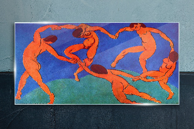 Dancing figures on a blue background Wall art on glass