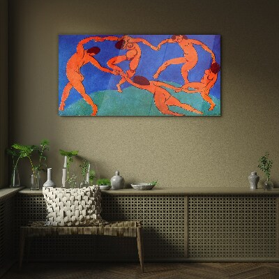 Dancing figures on a blue background Wall art on glass